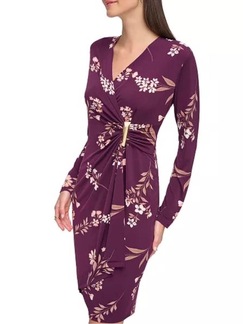 NEW Calvin Klein Dress Long Sleeve Sheath Burgundy Faux Wrap Womens 6